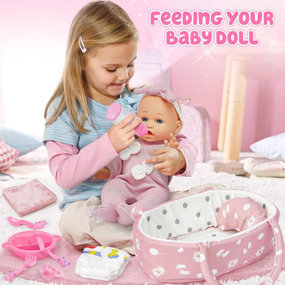 vamei Puppenzubehör Puppen Zubehör mit Puppenbett Puppenwindeln für 36cm Puppen, Tragbares , Geschenk für Mädchen Junge ab 3 Jahren, Rollenspiel Spielzeug