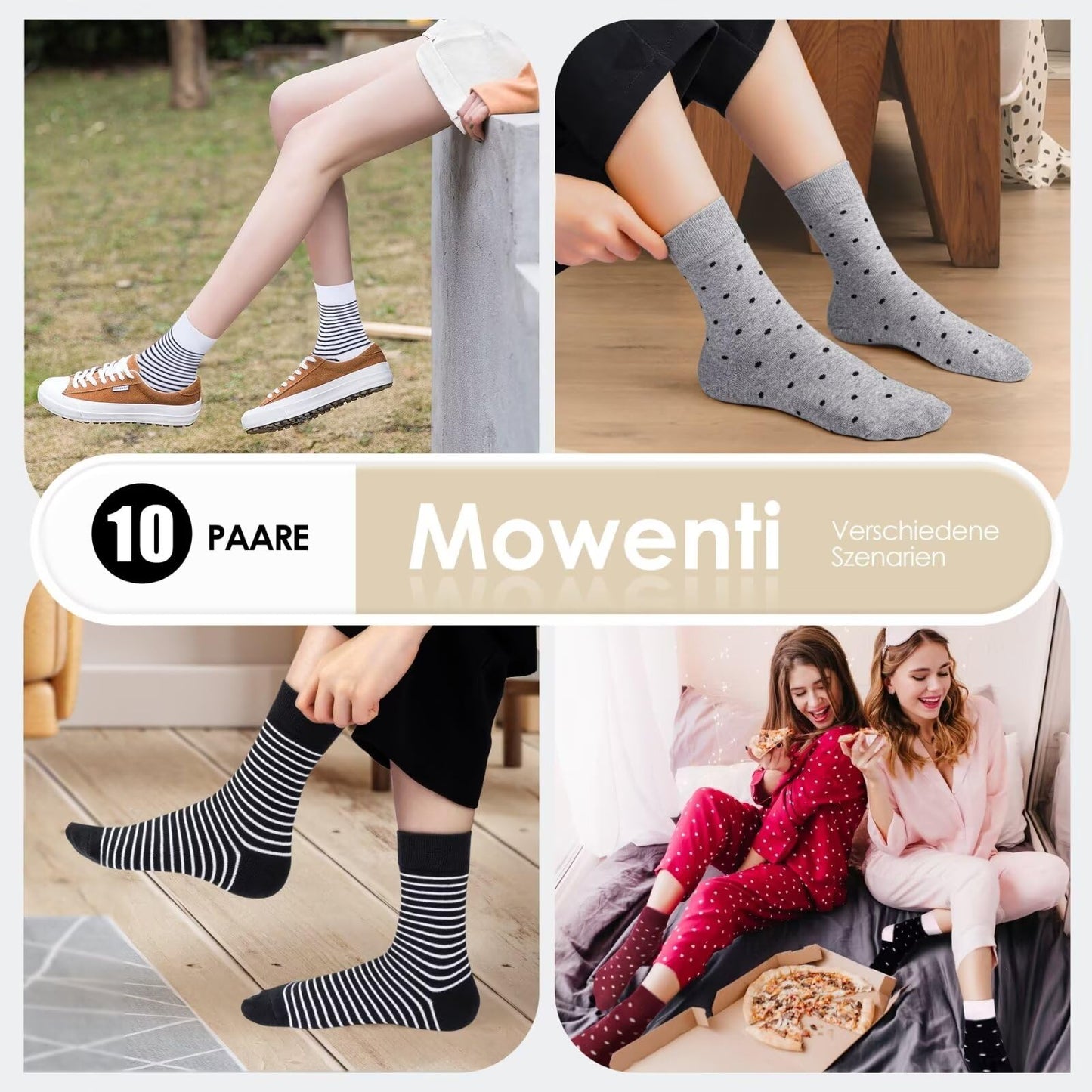Mowenti Socken Mädchen 35-38 sportsocken strümpfe socks Mädchensocken bunte schwarz Streifen Punkte baumwollsocken 10 Paar