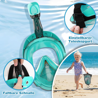 Schnorchelmaske Kinder Vollmaske – CO₂ sichere Tauchmaske ab 6 Jahren mit Anti-Beschlag, Anti-Leck, 180° Sichtfeld – Schnorchel Vollgesichtsmaske inkl. Silikon & Tragetasche
