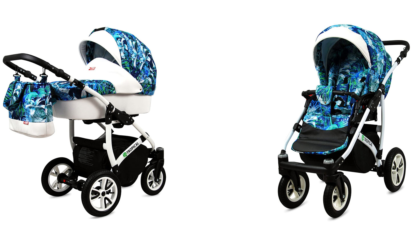BabyLux® Bambimo Pushchair Set 3 in 1 - Tropical - incl. Baby Carrycot, Buggy Sports Seat, Car Seat - Pram Set - Combination Pram with Changing Bag, Rain Cover etc.