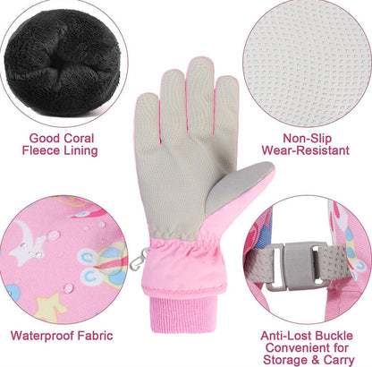 HNGEMSY Children's Winter Snow Gloves Ski Gloves for 2-13 Years Girls Boys PU Palm Waterproof Windproof Warm Fleece Winter Gloves