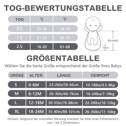 Baby Winter Sleeping Bag, Toddler Sleeping Bag, 2.5 Tog Sleeping Bag, 100% Cotton, Various Sizes from Newborn to 18 Months, All-Year-Round Sleeping Bag