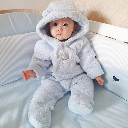 Baby Winter Schneeanzug Baby Strampler, Junge und Mädchen Einteiliger Anzug mit Kapuze, Kleinkind Oberbekleidung Schneeanzug Set Dick und Warm,Blau 3-6 Monate