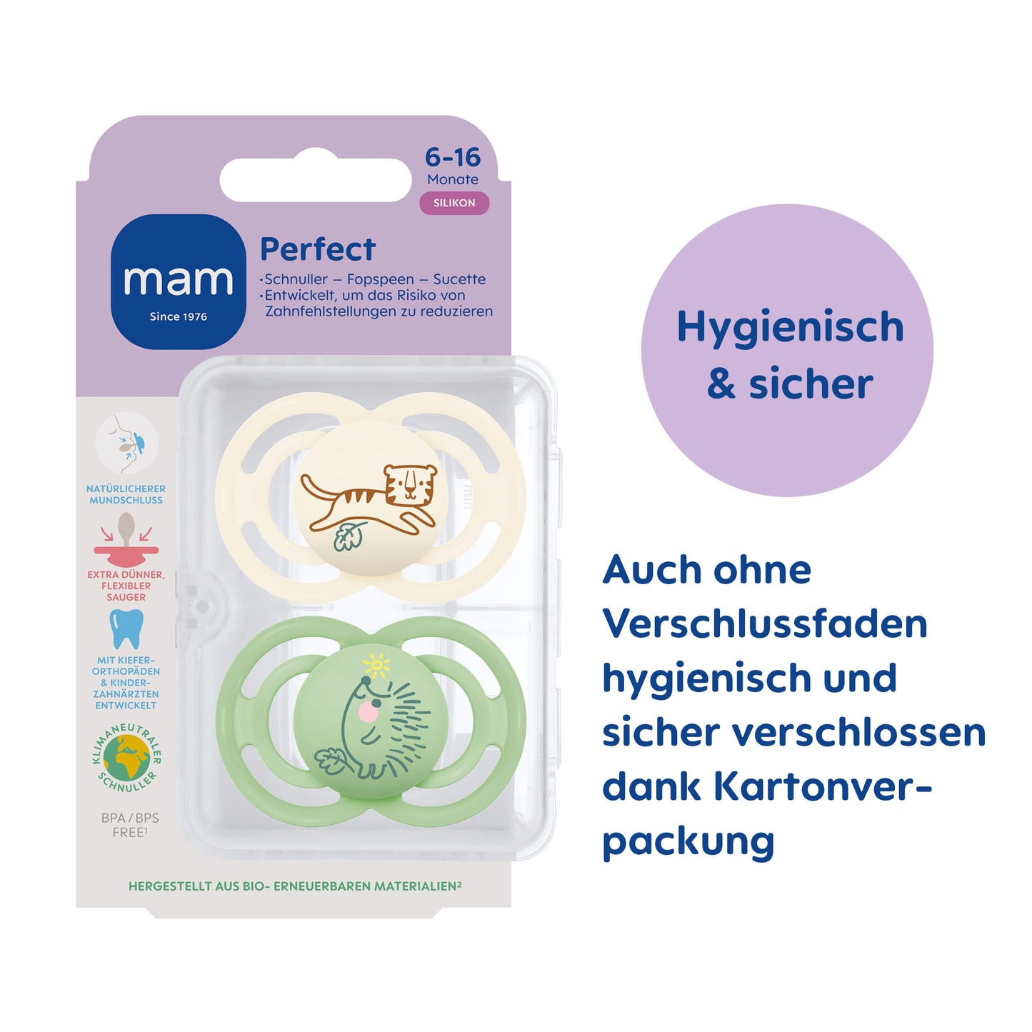 MAM Perfect Start Schnuller im 2er-Set, speziell für Neugeborene, zahnfreundlicher Baby Schnuller aus nachhaltigen & bio-erneuerbaren Materialien, mit Schnullerbox, 0-2 Monate, Biene/Schnecke