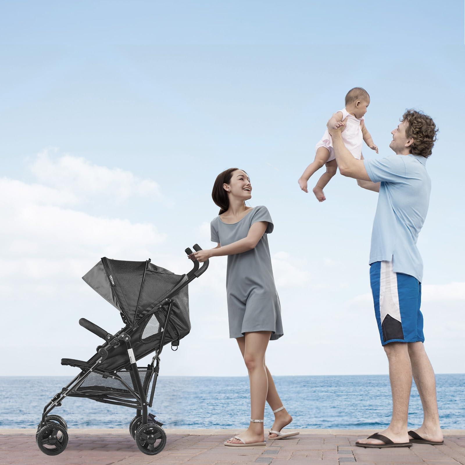 VEVOR Leichter Kinderwagen, kompakt, einfach zusammenklappbar, mit verstellbarer Rückenlehne, Rahmen aus Karbonstahl, großem Aufbewahrungskorb, Kinderwagen mit Schirm für Reisen und mehr, Schwarz/Weiß - Meloni2