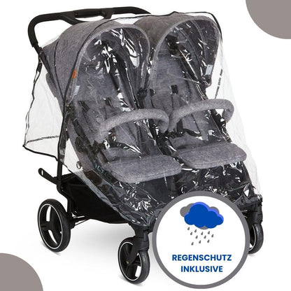 ABC Design Zwillingsbuggy Twin Circle - leichter und wendiger Kinderwagen für Zwillinge mit Liegefunktion, klein zusammenklappbarer Geschwisterwagen - Woven Graphite