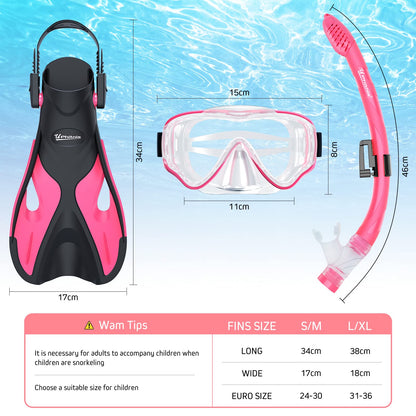 UPhitnis Kinderschnorchelset mit Flossen, Antibeschlag 180° Panorama Taucherbrille, verstellbare Schwimmflossen und Premium Dry Schnorchel, 3-in-1 Schnorchelset für Kinder mit Tragetasche