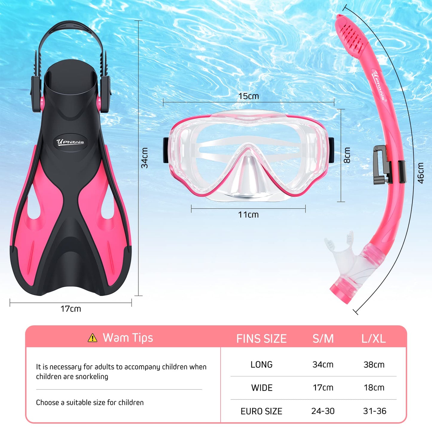 UPhitnis Kinderschnorchelset mit Flossen, Antibeschlag 180° Panorama Taucherbrille, verstellbare Schwimmflossen und Premium Dry Schnorchel, 3-in-1 Schnorchelset für Kinder mit Tragetasche