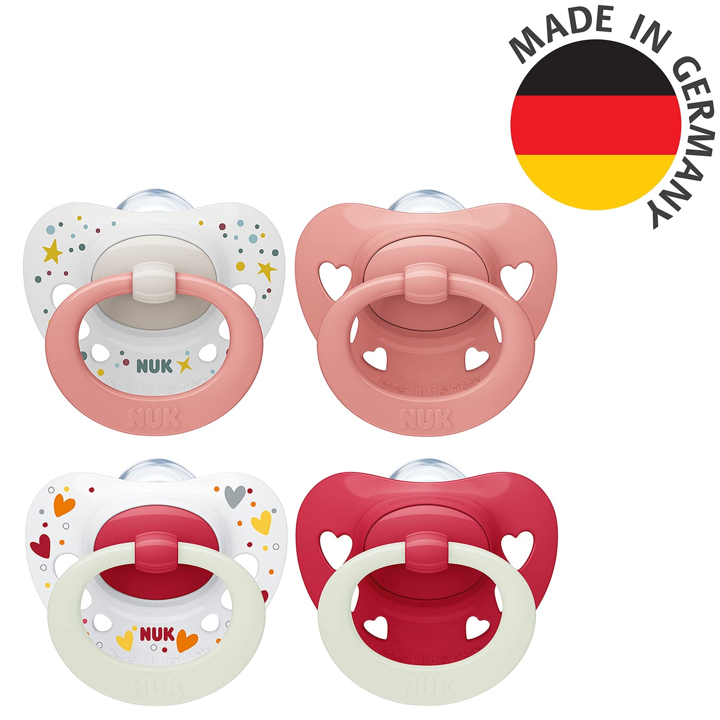 NUK Signature Day & Night Baby Pacifiers | 0-6 Months | Soothes 95% of Babies | BPA Free Silicone Heart-Shaped Pacifier | Glow in the Dark | Hearts | Pack of 4 - Meloni2