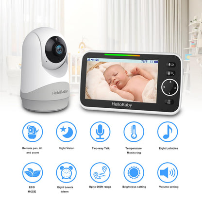 HelloBaby 6-Zoll Video-Babyphone, Großes Display mit Kamera und Audio, 4000-mAh-Batterie und ECO-Modus, Nachtsicht, Kein WiFi, Zwei-Wege-Kommunikation und 8 Schlaflieder, Fernbedienbare PTZ-Kamera