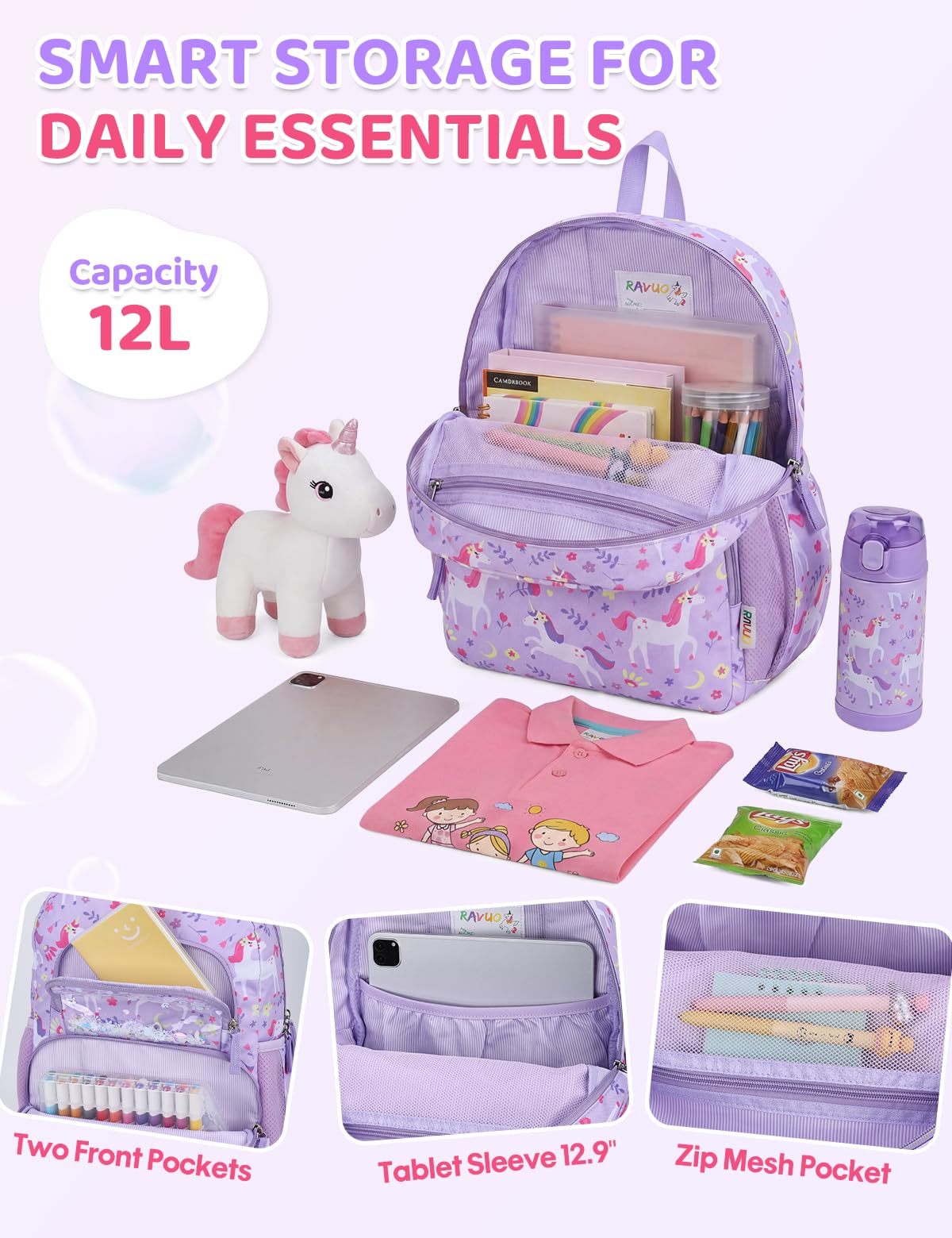 Kinderrucksack für Mädchen 5–8 Jahre, 12L Leichter & Wasserabweisender mit Brustgurt, Perfekt für Vorschule & Grundschule，Regenbogen