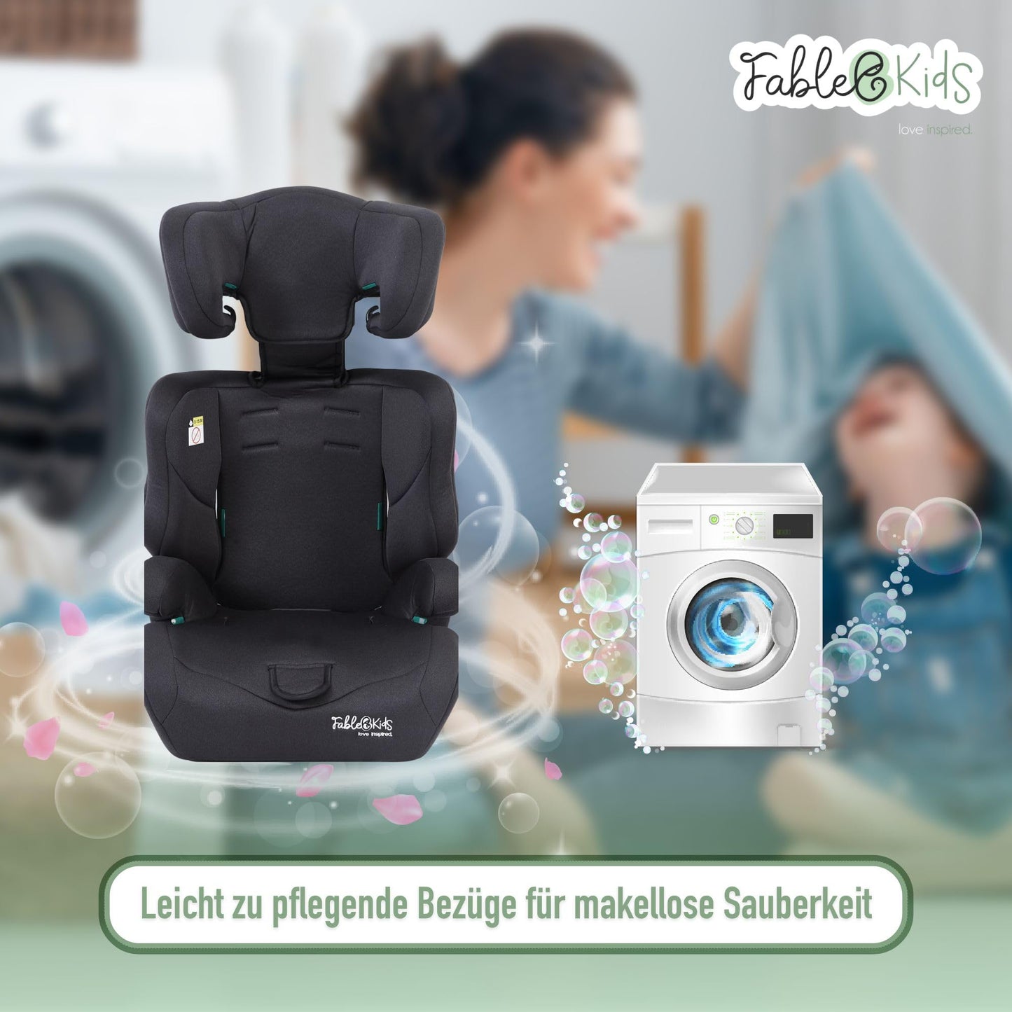 FableKids Kinderautositz 9-36 kg | 3-Punkt-Sicherheitsgurt | Autokindersitz ab 15 M. | Autositz für Kinder 76-150 cm | Kindersitz einstellbare Kopfstütze ECE R129/03 | Verstellbar | Schwarz