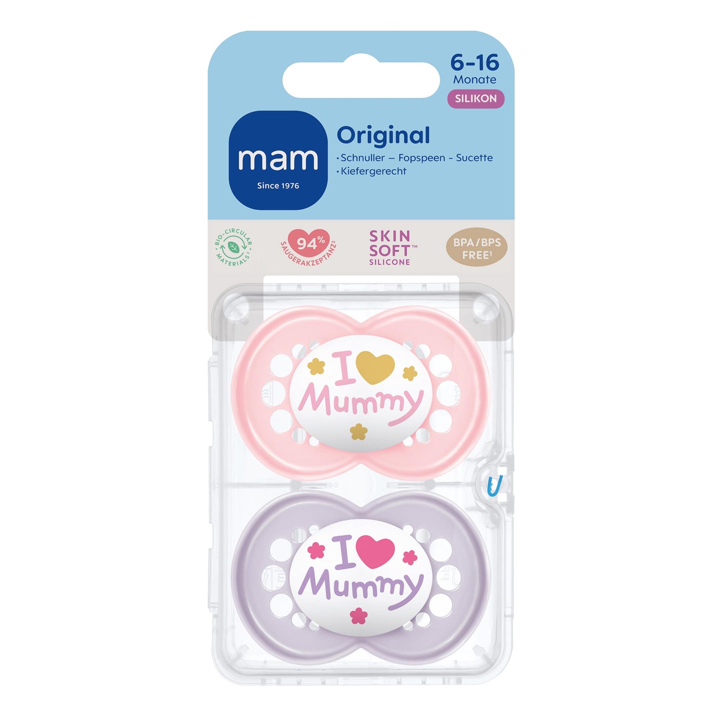 MAM Original Schnuller im 2er-Set, zahnfreundlicher Baby Schnuller aus nachhaltigen & bio-erneuerbaren Materialien, Sauger aus MAM SkinSoft Silikon, mit Schnullerbox, 6-16 Monate, rosa/lila