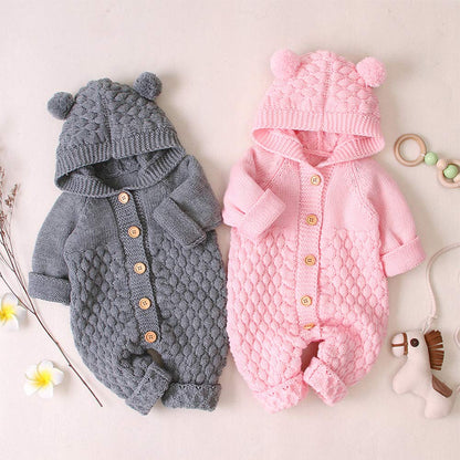 OBEEII Newborn Baby Knitted Romper Jumpsuit with Hood Ear Onesies Pullover Winter Warmer Onesie Bodysuit for Boys Girls