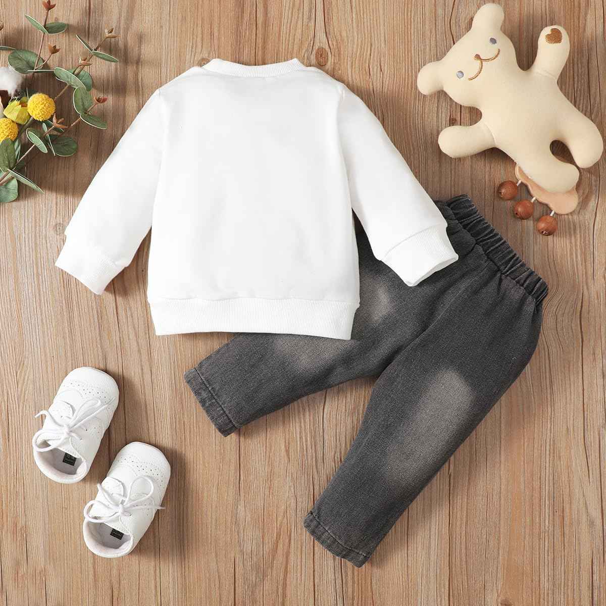 LUVCES Toddler Baby Boys Clothing Cute Animal Print Long Sleeve Sweatshirt Tops and Jeans Set Autumn Winter Baby Boy Jeans Casual 2-Piece Outfit