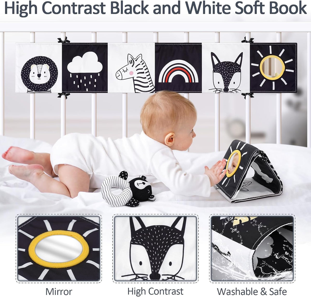 Joyreal Kinderwagen Spielzeug - Schwarz Weiss Spielzeug Stoffbuch, Kontrastbuch Baby, Kontrastkarten Baby, Sensorik Kontrast Spielzeug, Neugeborenen