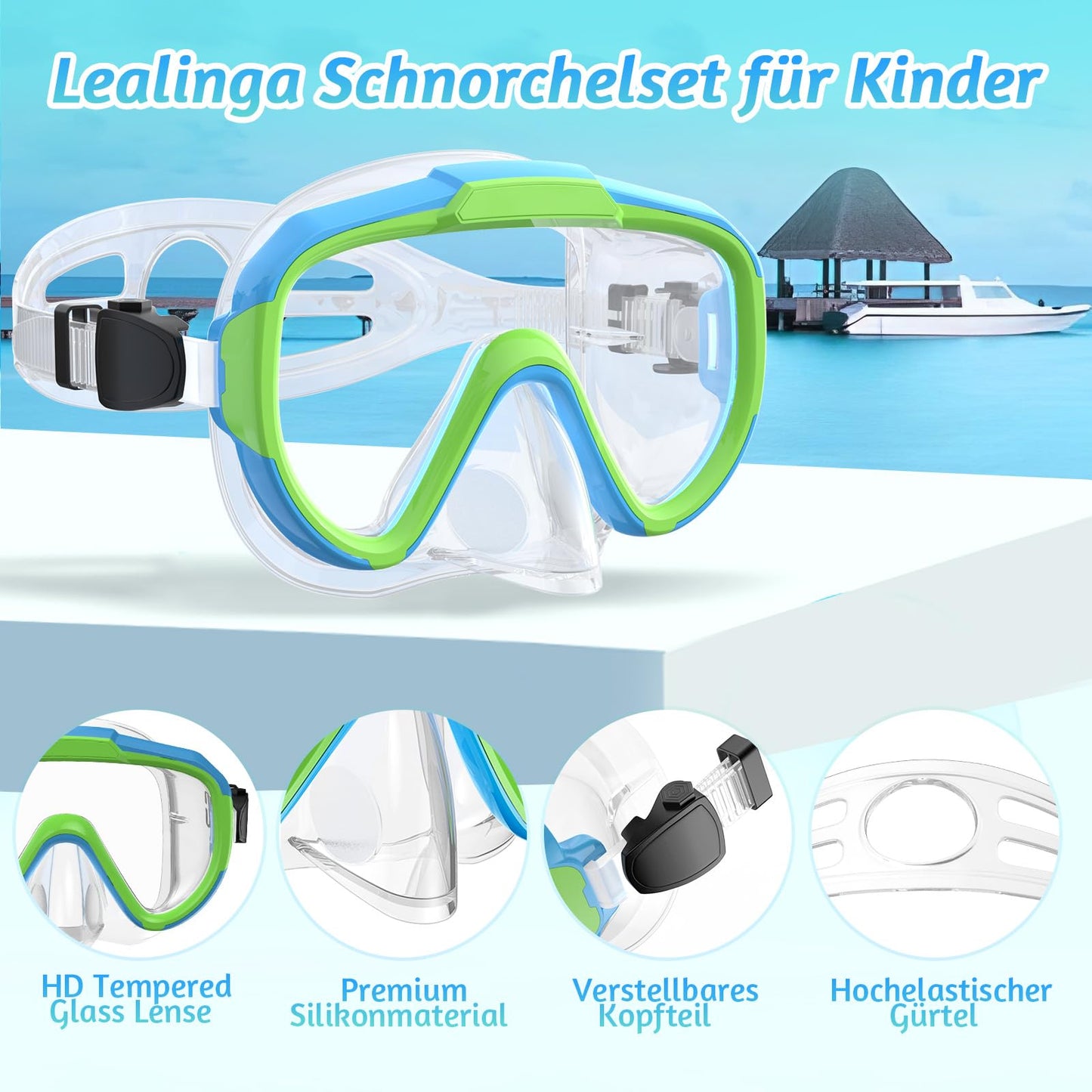 Lealinga Children's Snorkel Set with 180° Anti-Fog Panoramic Wide View Diving Mask and Dry Snorkel Snorkelling Set, Anti-Leak Snorkel Mask with Nose Protection for Boys and Girls