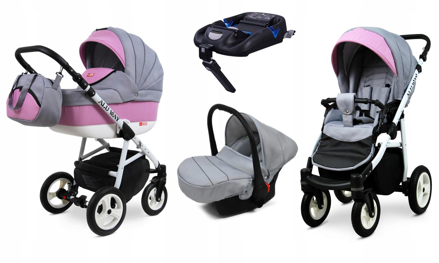 BabyLux® Kinderwagen Set 4 in 1 - Alu Way - incl. Babywanne, Buggy Sportsitz, Auto-Babyschale, ISOFIX-Basisstation - Autositz - Kinderwagenset - Kombikinderwagen mit Wickeltasche usw.