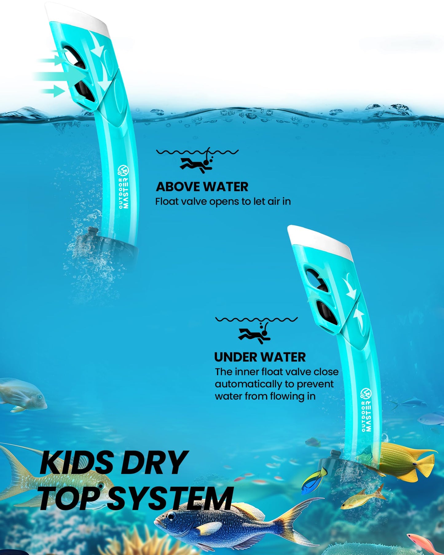 OutdoorMaster Marlin Children's Snorkel Set, Adjustable Strap, Dry Top Diving Mask, Anti-Fog Snorkel Mask, Children's Swimming Goggles for Boys and Girls, Age 4-14