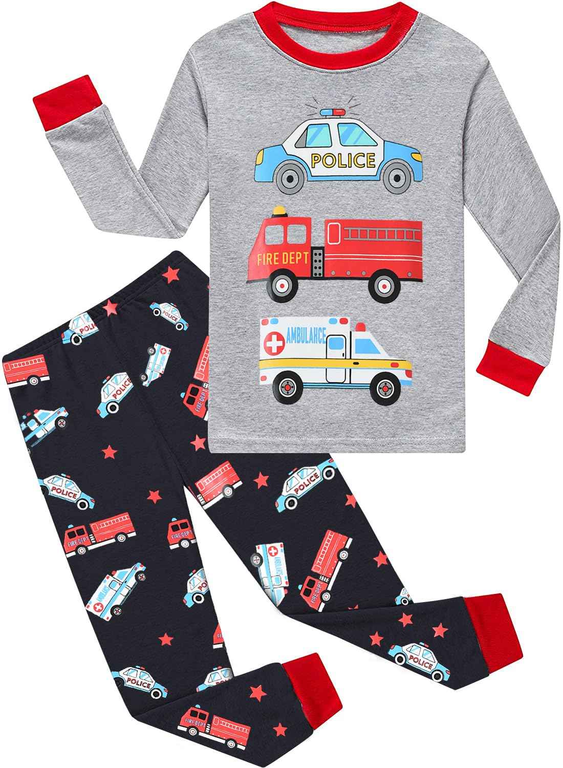 EULLA Children's Boys' Pyjamas Long Sleeve Cotton Winter Pyjama Set Fire Truck Dinosaur Digger Tractor Train Two-Piece Sleepwear 1-7 Years 92 98 104 110 116 122