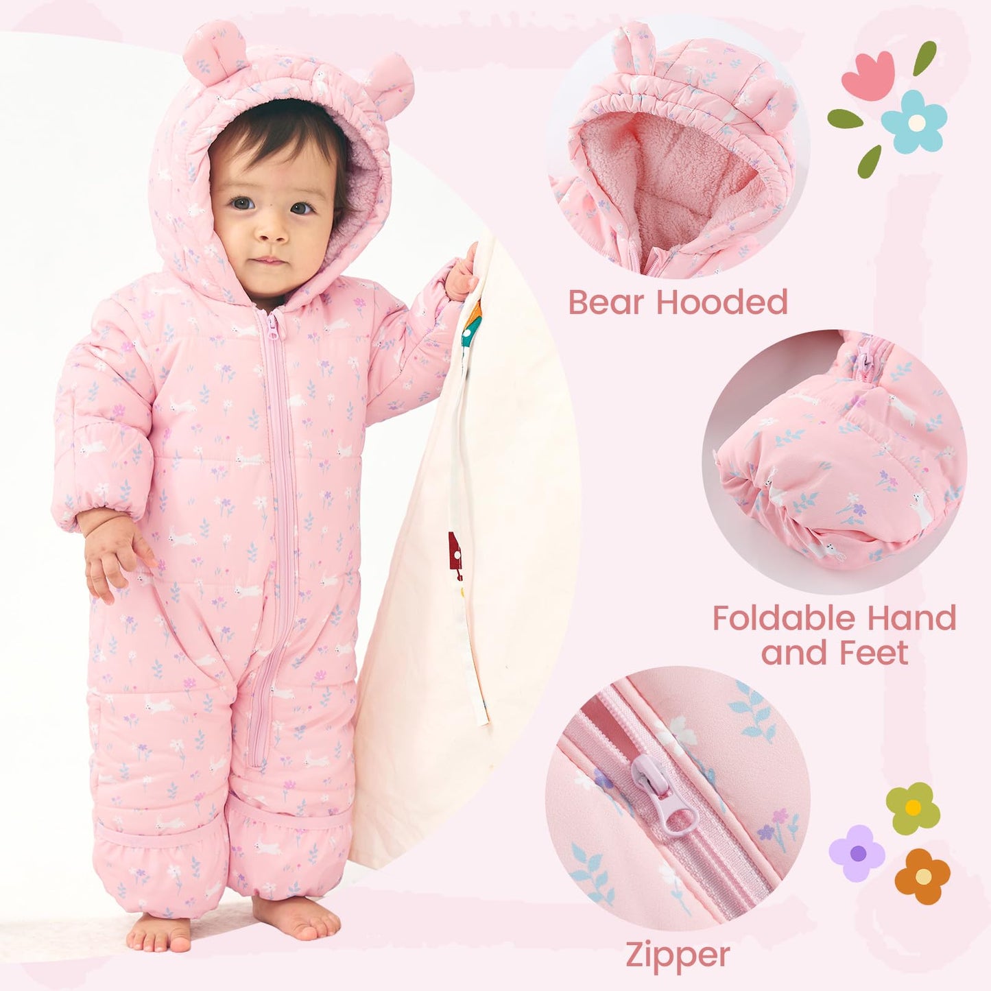 JiAmy Baby Winter Snowsuit, Toddler Bear Hood Fold-Over Mittens Booties Jumpsuit Toddler Warm Fleece Romper Girls Boys Warm Jumpsuit 3-24 Months