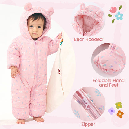 JiAmy Baby Winter Snowsuit, Toddler Bear Hood Fold-Over Mittens Booties Jumpsuit Toddler Warm Fleece Romper Girls Boys Warm Jumpsuit 3-24 Months
