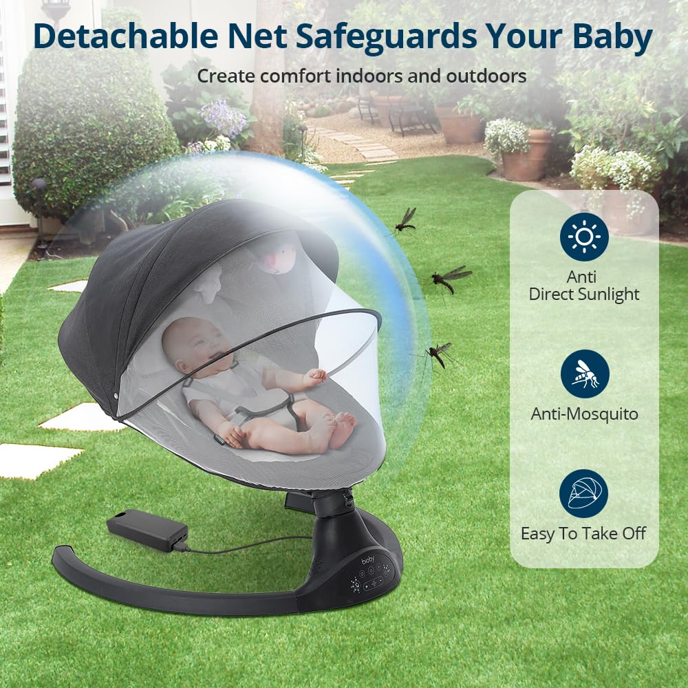 Bioby Elektrische Babywippe | Babyschaukel mit 5-Punkt-Gurt & 5 Schaukelmodi, Leicht & Sicher Wippe Baby Elektronisch mit Bluetooth-Musik & Fernbedienung, für 0-12 Monate (2-9 kg), Grau