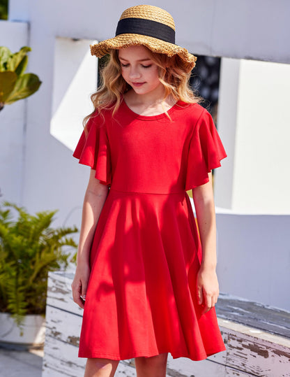 Arshiner Kleider für Mädchen Schmetterlingsärmel Kleid Kinder A-Line Swing Kleid Rundhals Sommerkleid Baumwollekleid Festlich Partykleid Hochzeit Lässige Kinderkleidung mit Tasche