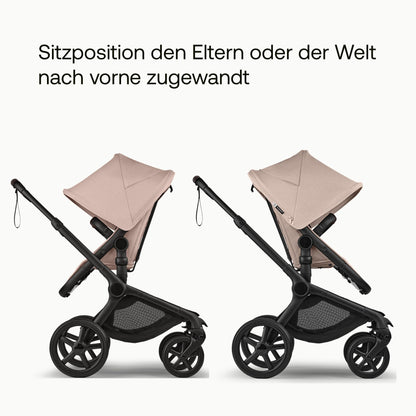 Bugaboo Fox 5, 2-in-1 Kinderwagen für jedes Gelände, mit Liegewanne und ausziehbarem Kleinkindsitz, einfach zu manövrieren und Ein-Hand Faltung, Fahrgestell in Schwarz und Sonnendach in Forest Green