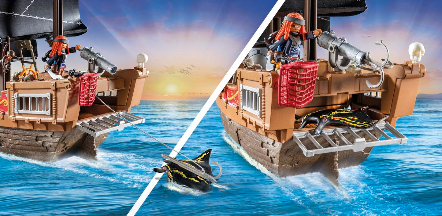PLAYMOBIL Pirates 71418 Pirate Ship, Exciting Adventures on the High Sea, with Extensive Accessories such as Telescope, Compass and Cannons, Toy for Children from 4 Years