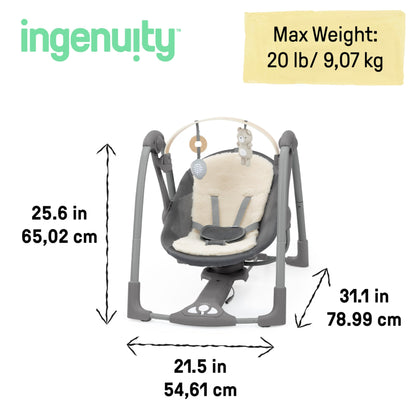 Ingenuity Hugs & Hoots zusammenklappbare & tragbare Babyschaukel, 5 Schaukelgeschwindigkeiten, 8 Melodien, 3 Naturgeräusche, Lautstärkeregulierung und Spielzeugbügel, ab der Geburt bis 9kg