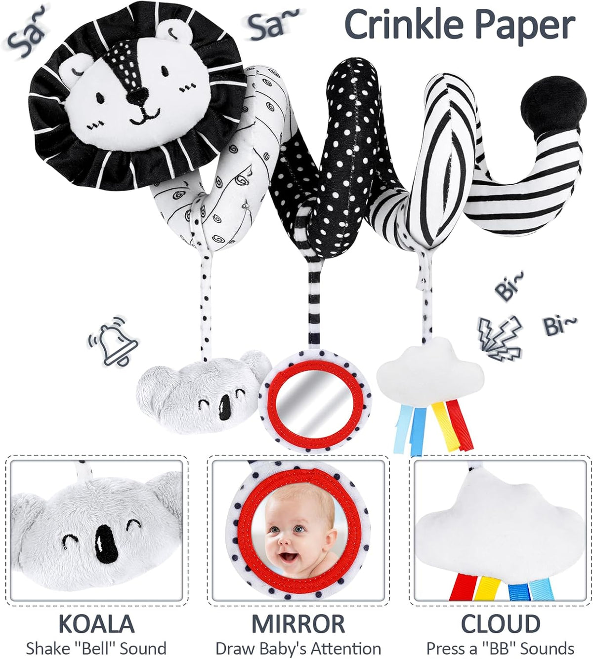 Joyreal Kinderwagen Spielzeug - Schwarz Weiss Spielzeug Stoffbuch, Kontrastbuch Baby, Kontrastkarten Baby, Sensorik Kontrast Spielzeug, Neugeborenen