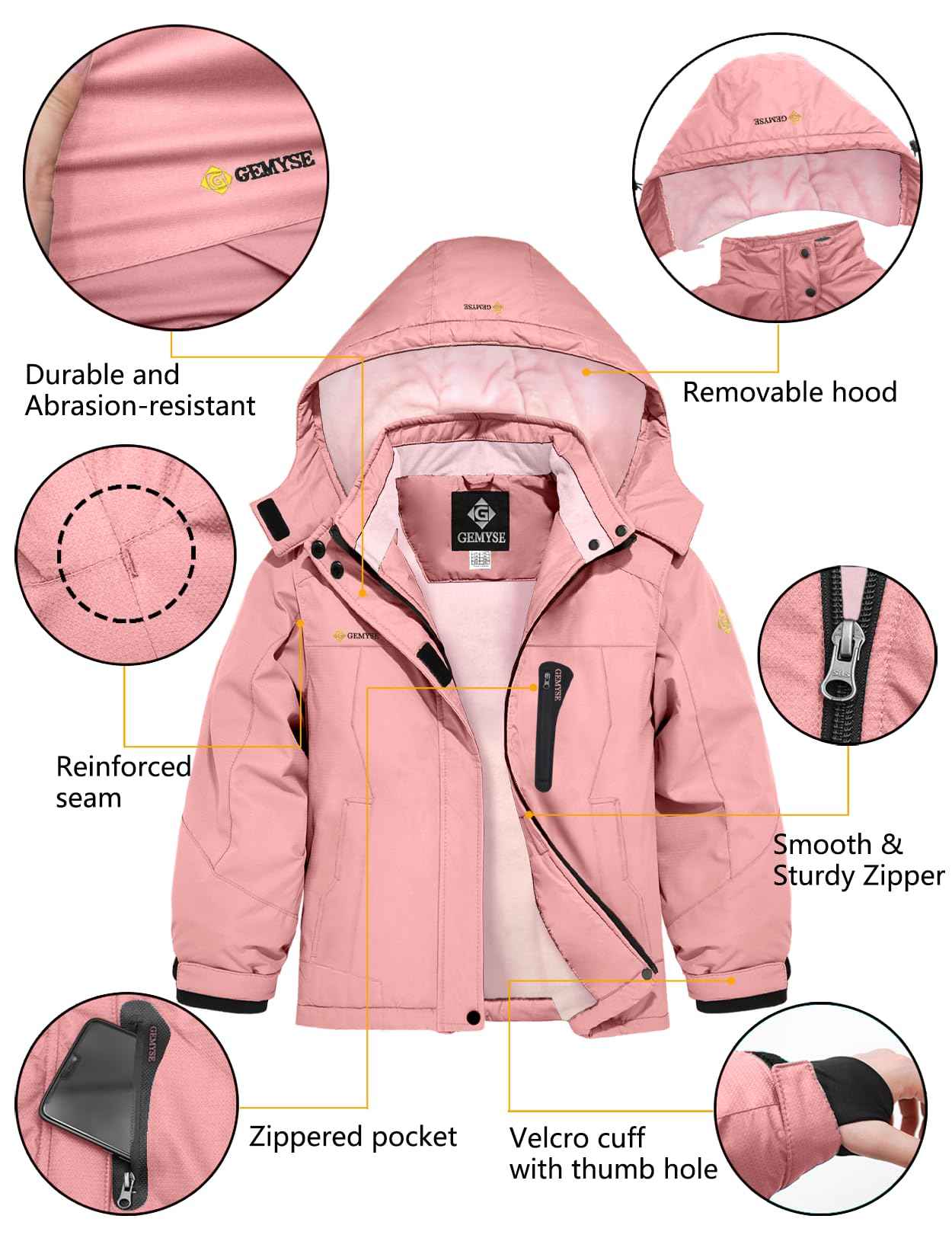 GEMYSE Girls' Waterproof Ski Jacket Windproof Fleece Outdoor Winter Jacket Rain Jacket with Hood