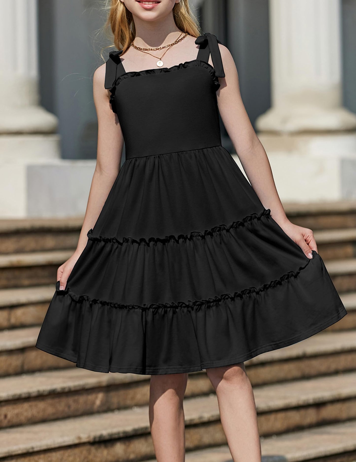 Arshiner Mädchen Kleider Fliege Trägerkleid Kinder Baumwolle Sommerkleid Ärmelloses A-Linie Swingkleid Schulterfrei Elegant Freizeitkleid für Mädchen 5-15 Jahre
