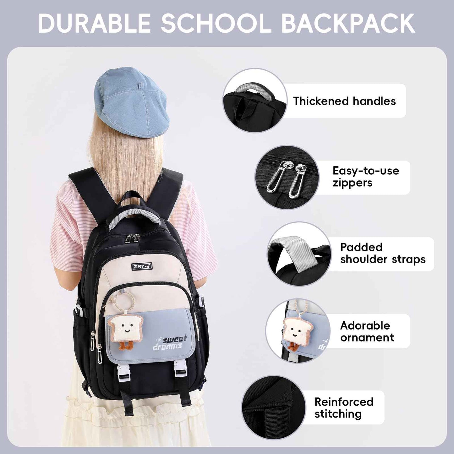 School Backpack Teenager - 36L School Bag for Girls from 5th Grade, Large Backpack for Middle and High School, Casual Children's Backpack with Cute Pendant and Trolley Strap, black, Rucksack