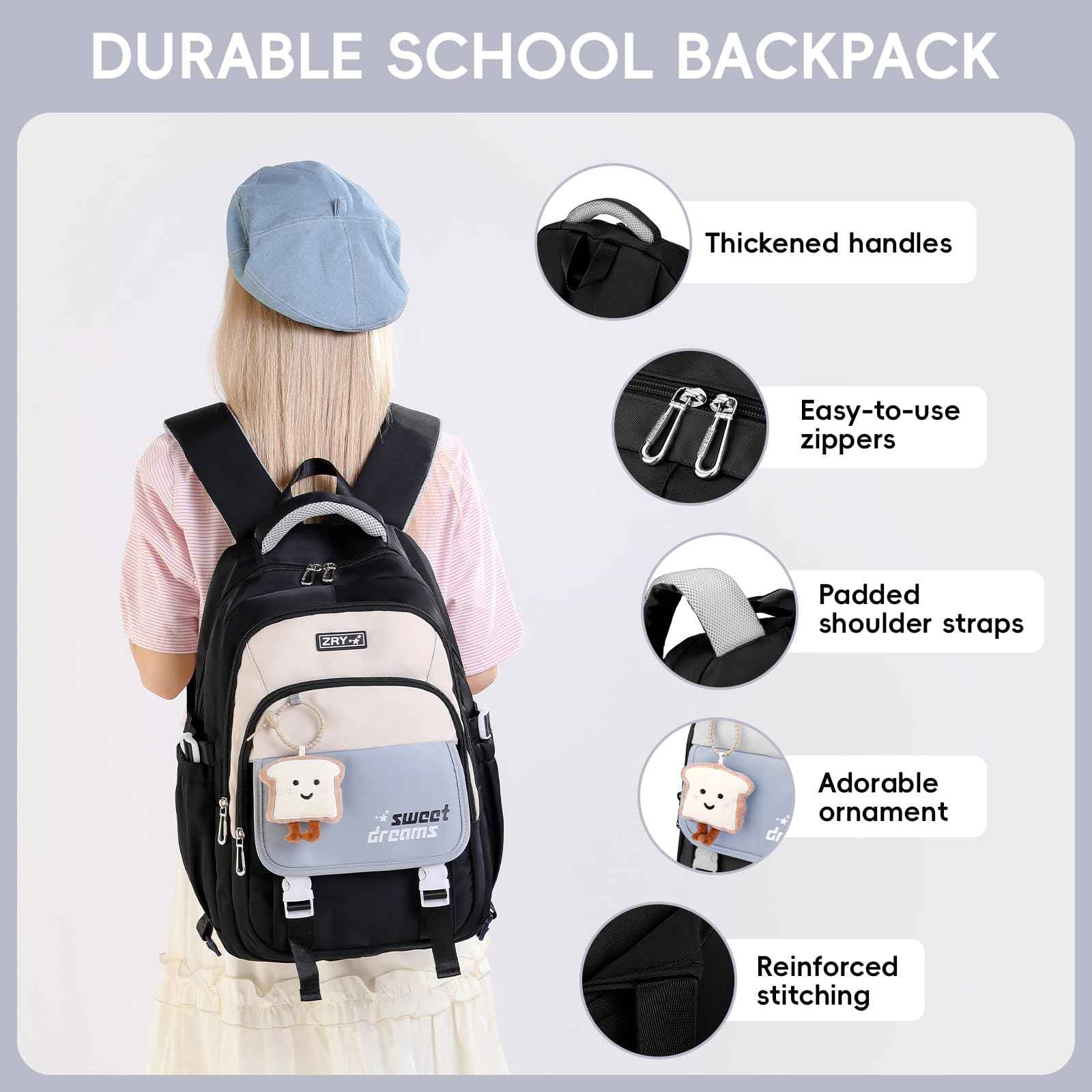 School Backpack Teenager - 36L School Bag for Girls from 5th Grade, Large Backpack for Middle and High School, Casual Children's Backpack with Cute Pendant and Trolley Strap, black, Rucksack