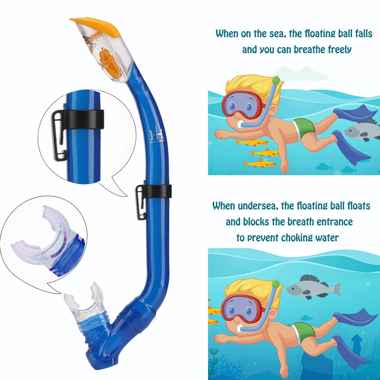 HH HHAO SPORT Children's snorkel set with fins, 180° panorama wide view diving goggles children, adjustable flippers, high-quality diving mask and dry top snorkel