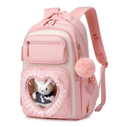 Schulrucksack Mädchen Herzdesign 22L mit Gepäckgurt für Schule | Spitze & Schleifendetails, Ergonomische 3D-Rückenpolsterung, wasserabweisendes Polyester, zahlreiche getrennte Fächer