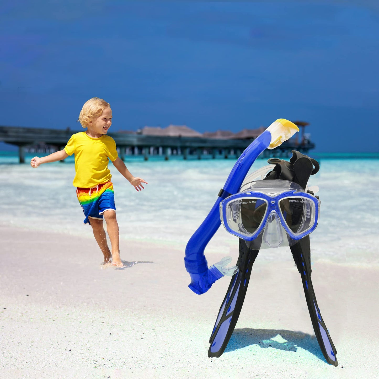 HH HHAO SPORT Children's snorkel set with fins, 180° panorama wide view diving goggles children, adjustable flippers, high-quality diving mask and dry top snorkel