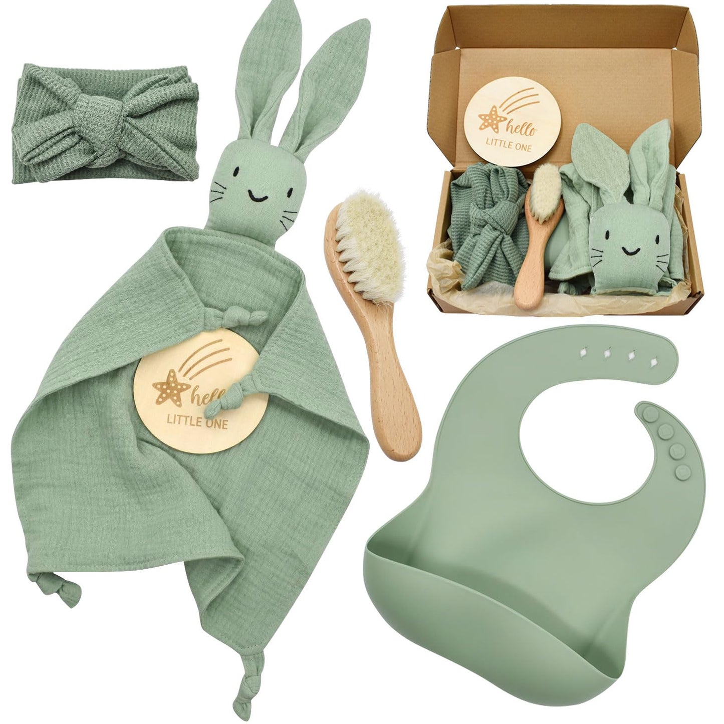 YTACREA Schmusetuch Baby, Baby Geschenk Mädchen Junge Personalisierte Geschenk Neugeborenen mit Schmusetuch, Lätzchen, Turban, Meilensteinkarten, Bürsten und Socken, Khaki