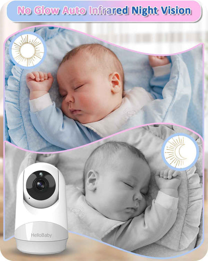 HelloBaby Baby Monitor with Camera, 29 Hours Battery Life, 355°/120° Baby Monitor with Remote Controlled Pan-Tilt Camera, 2x Zoom, Infrared Night Vision Camera, Eco Mode, Up to 305 m, 2-Way Audio