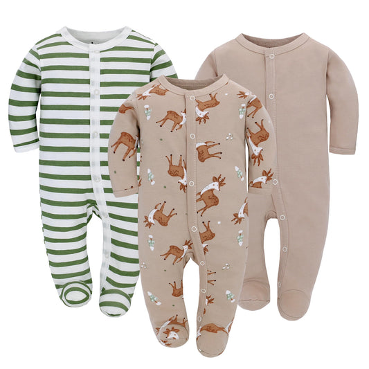 Babyschlafstrampler Baumwolle mit Füßen mit Knöpfen Größe 56 62 68 cm für Jungen Mädchen Neugeborene 3er Pack