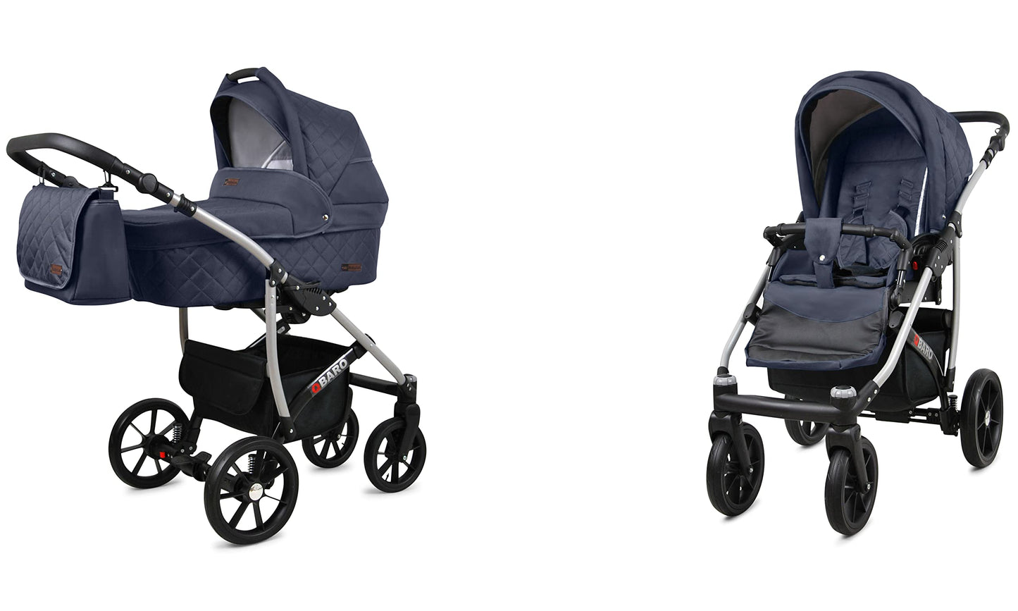BabyLux® Bambimo Qbaro 3-in-1 Pushchair Set Including Baby Carrycot, Buggy Sports Seat, Car Seat - Car Seat - Pram Set - Combination Pram with Changing Bag, Rain Cover etc. 