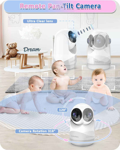 HelloBaby Baby Monitor with Camera, 29 Hours Battery Life, 355°/120° Baby Monitor with Remote Controlled Pan-Tilt Camera, 2x Zoom, Infrared Night Vision Camera, Eco Mode, Up to 305 m, 2-Way Audio