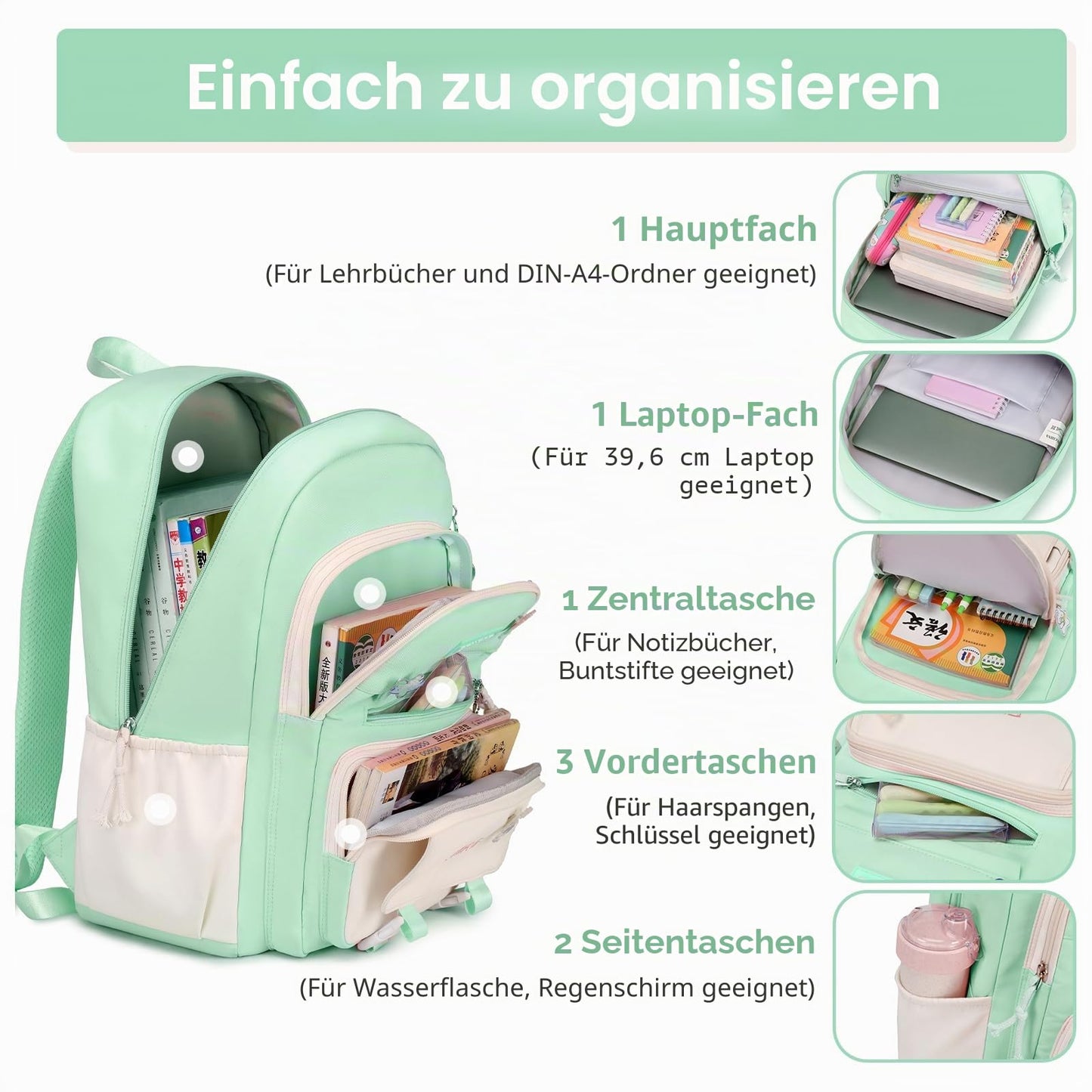 Tanou Schulrucksack Mädchen Schulranzen Kinder der 3.-7. Klasse, Rosa | Große Kapazität Schulrucksack Teenager, Leichter Nylon Mädchen Schultasche für Schule Reisen