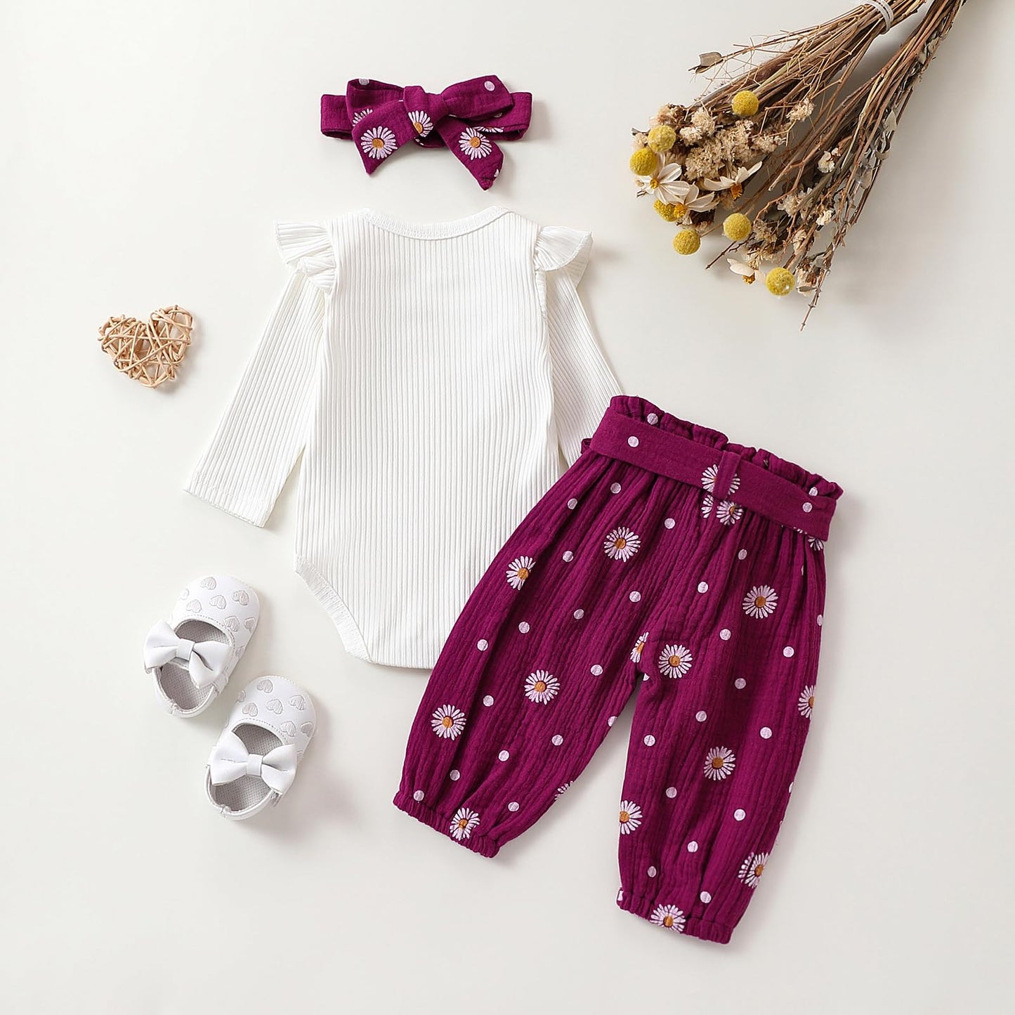 Geagodelia Baby Mädchen Kleidung Babykleidung Outfit Set Langarm Body Strampler + Gänseblümchen Hose + Stirnband Neugeborene Weiche Babyset