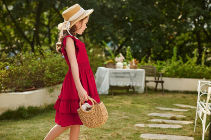 Arshiner Girls Dresses Flutter Sleeves Kids Summer Cotton Formal Dress A-Line Waist Lace-up Casual Dress Swing Dress Elegant Sleeveless Dress for Girls 5-13 Years 