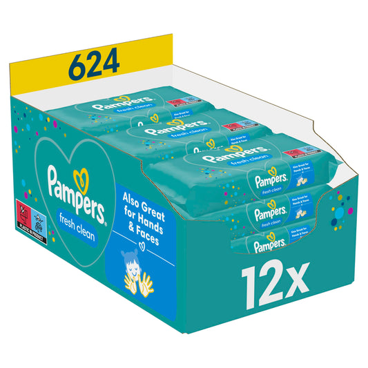 Pampers Fresh Clean Feuchttücher 1 Packungen mit 52 Stück, 624 Feuchttücher, milder Duft, auch für Hände und Gesicht geeignet