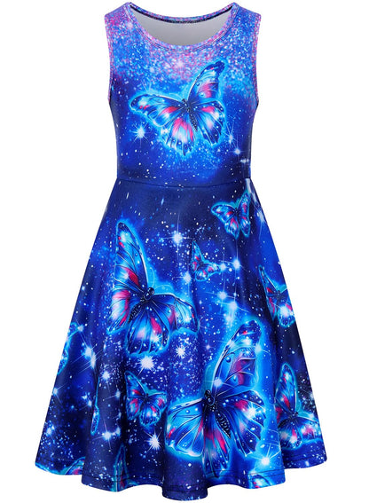 kids4ever Mädchen Kleid Ärmellos Sommerkleid Rundhals A-Linie Swing Kleid Meerjungfrau Galaxie Prinzessin Party Geburtstag 4-12 Jahre
