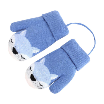 Kids Winter Gloves Mittens Baby Cartoon Mitten Neck Gloves Thick Double Knitted Glove with Plush,0 - 3 years old, Playing, Running, Skiing